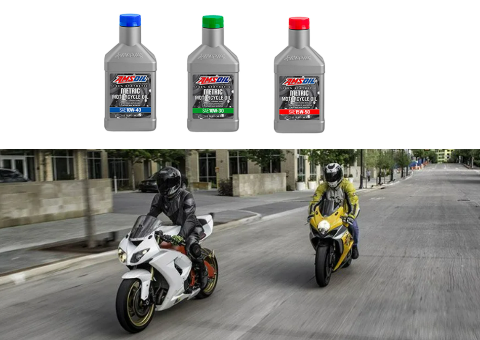 Two motorcycle riders are riding down a street next to three bottles of amsoil oil.