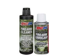 Two bottles of amsoil firearm cleaner and lubricant on a white background.
