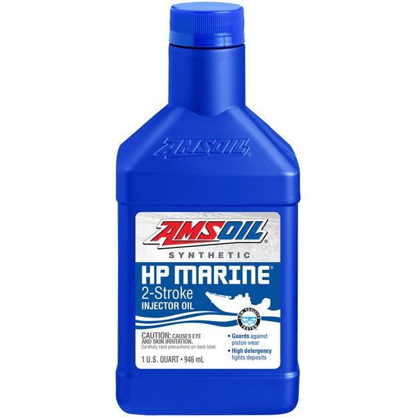 A blue bottle of amsoil hp marine 2 stroke injector oil
