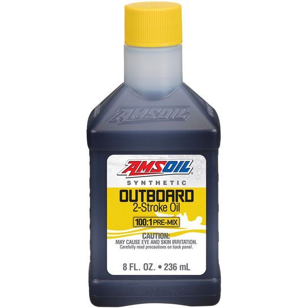 A bottle of amsoil synthetic outboard 2 stroke oil