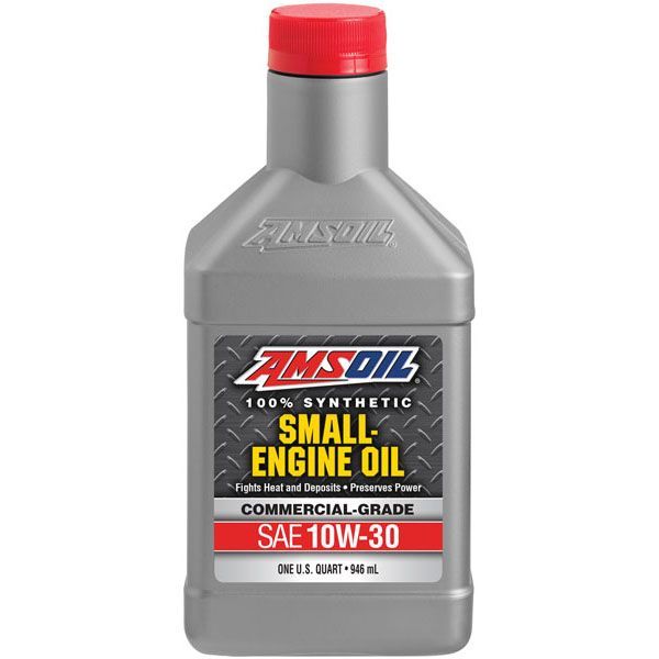 A bottle of amsoil small engine oil with a red cap