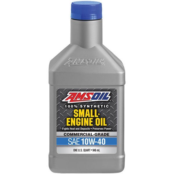 A bottle of amsoil small engine oil with a blue cap