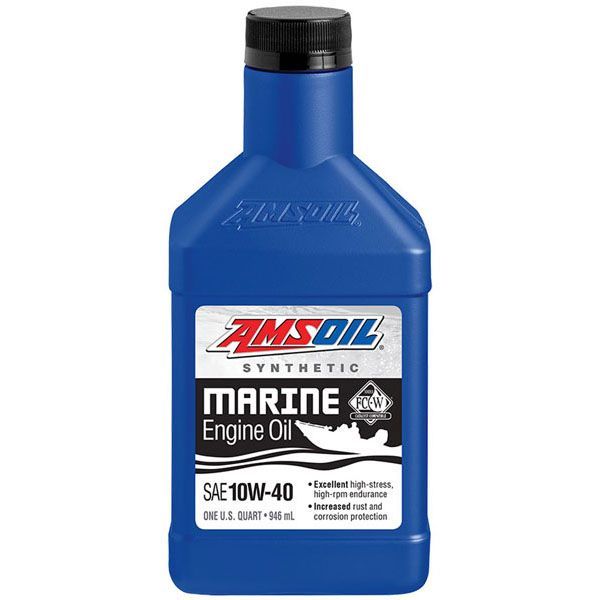 A bottle of amsoil synthetic marine engine oil
