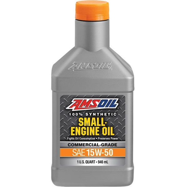 A bottle of amsoil small engine oil on a white background