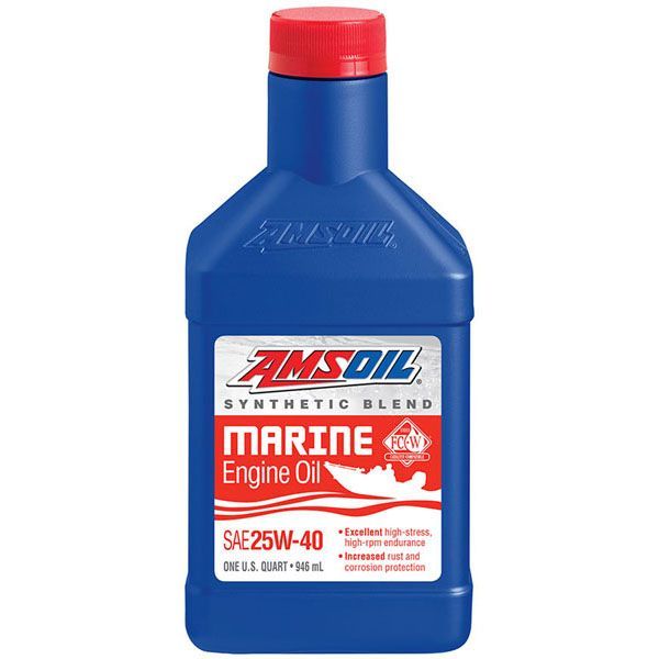 A blue bottle of amsoil marine engine oil