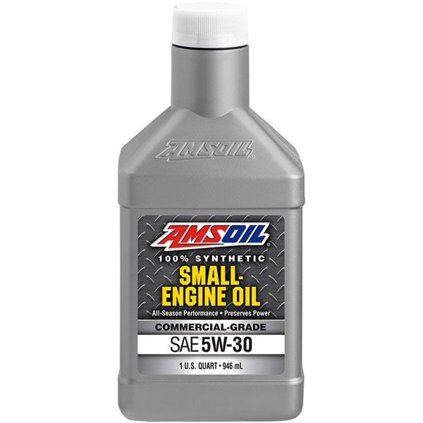 A bottle of amsoil small engine oil on a white background