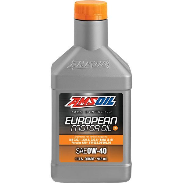 A bottle of amsoil european motor oil on a white background