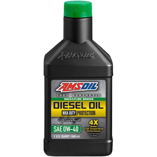 A bottle of amsoil diesel oil has a green cap