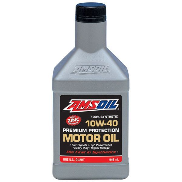 A bottle of amsoil 10w-40 premium protection motor oil
