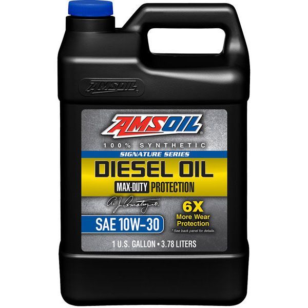 A gallon of amsoil diesel oil is shown on a white background