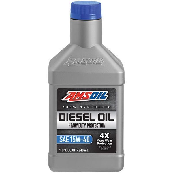 A bottle of amsoil diesel oil with a blue cap