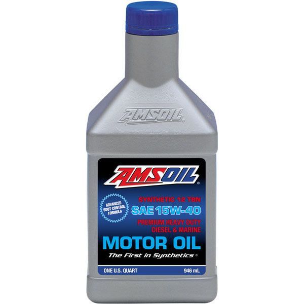 A bottle of amsoil motor oil with a blue cap