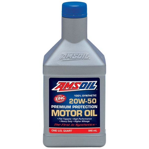 A bottle of amsoil 20w-50 premium protection motor oil