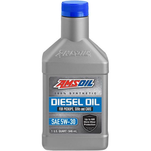 A bottle of amsoil diesel oil with a blue cap