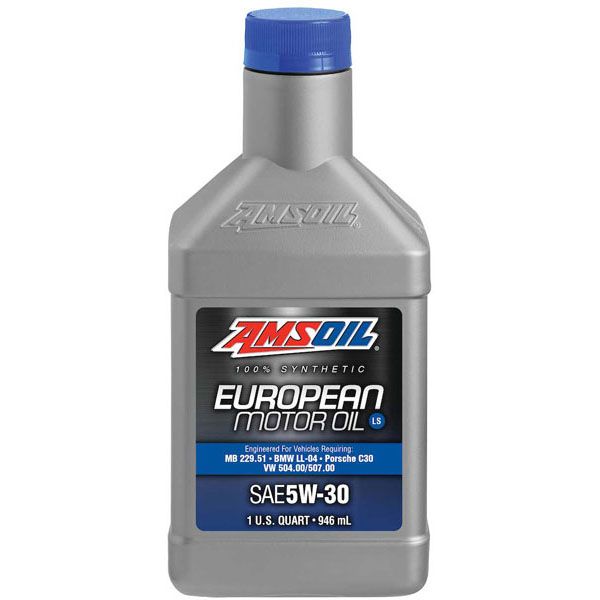 A bottle of amsoil european motor oil with a blue cap