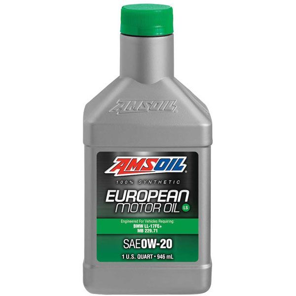 A bottle of amsoil european motor oil with a green cap