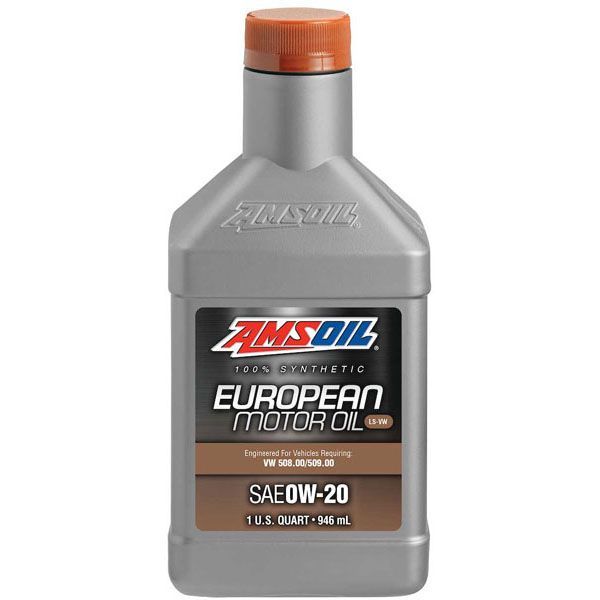 A bottle of amsoil european motor oil on a white background