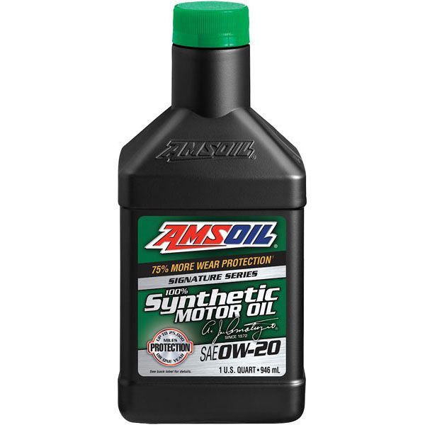 A bottle of amsoil synthetic motor oil with a green cap