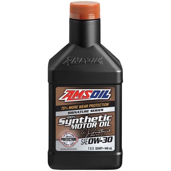 A bottle of amsoil synthetic motor oil on a white background