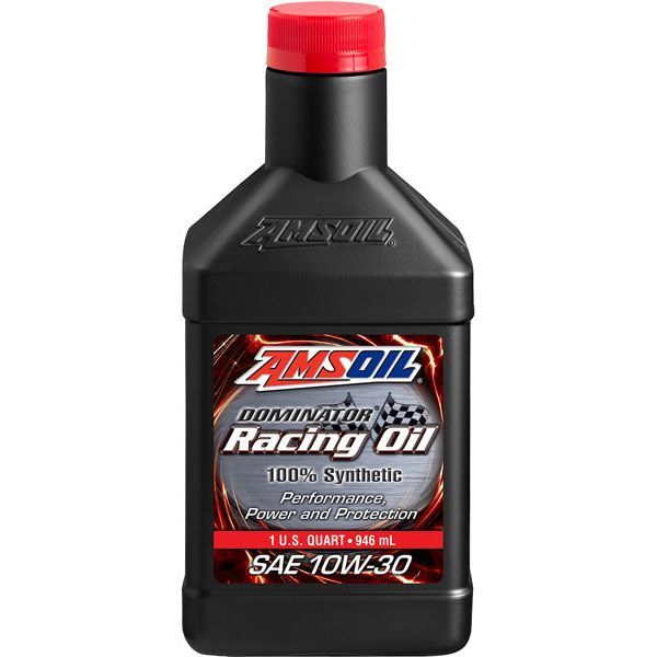 A bottle of amsoil dominator racing oil sae 10w 30