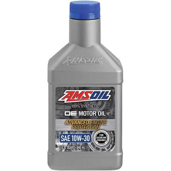 A bottle of amsoil de motor oil is shown on a white background