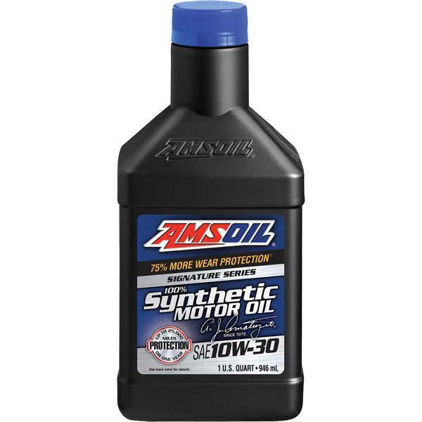 A bottle of amsoil synthetic motor oil with a blue cap