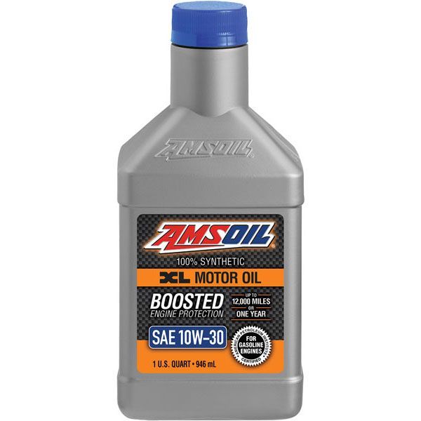 A bottle of amsoil boosted sae 10w-30 motor oil