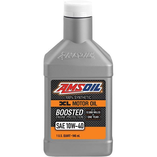 A bottle of amsoil boosted sae 10w-40 motor oil