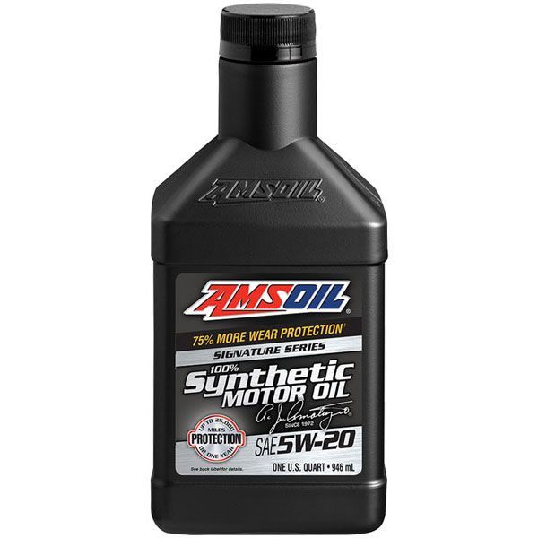 A bottle of amsoil synthetic motor oil is shown on a white background.
