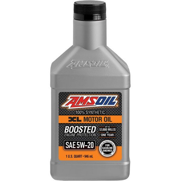 A bottle of amsoil boosted sae 5w-20 motor oil
