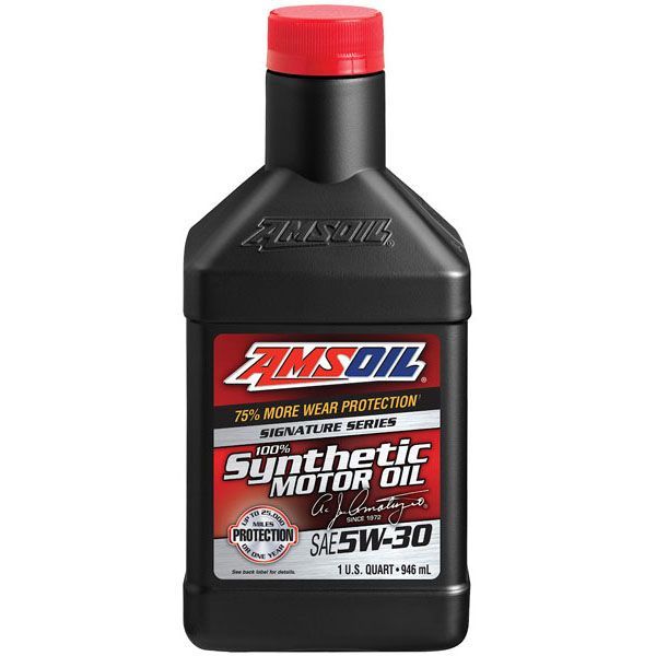 A bottle of amsoil synthetic motor oil 5w-30
