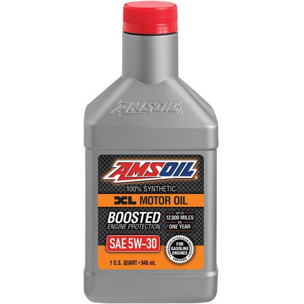 A bottle of amsoil motor oil with a red cap