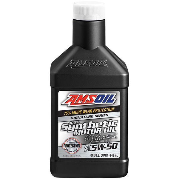 A bottle of amsoil synthetic motor oil is shown on a white background.