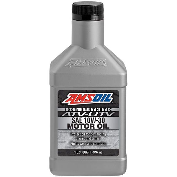 A bottle of amsoil atv utv sae 10w-30 motor oil