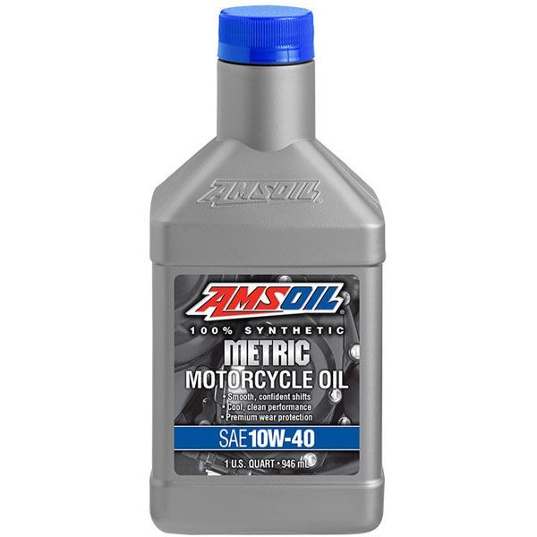 A bottle of amsoil metric motorcycle oil with a blue cap