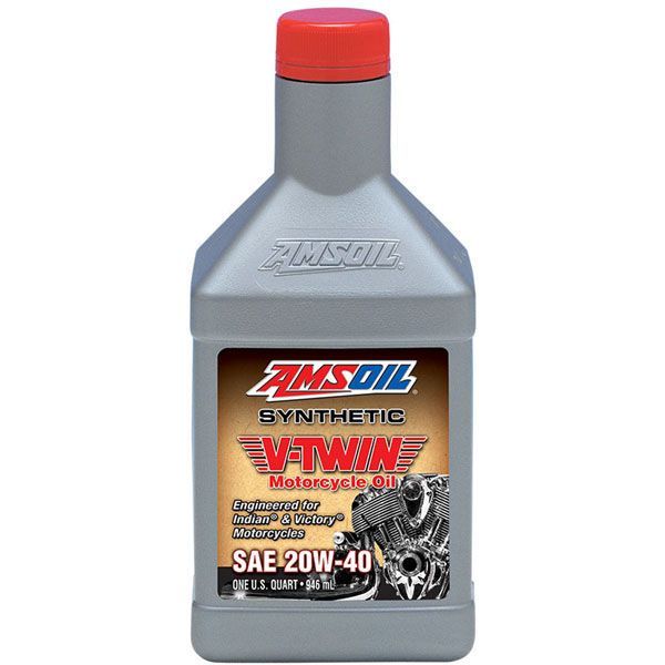 A bottle of amsoil synthetic vtwin motorcycle oil