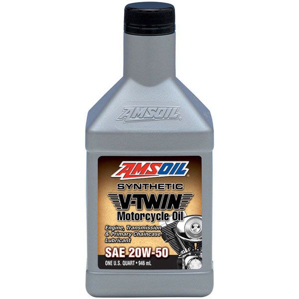 A bottle of amsoil synthetic v-twin motorcycle oil