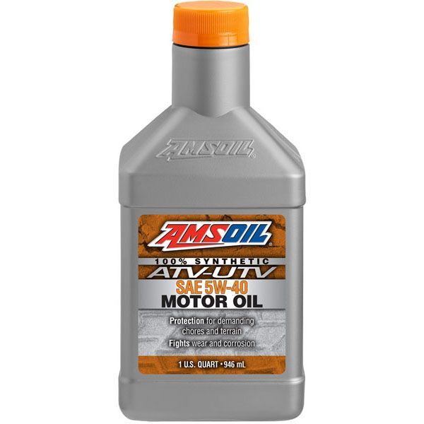 A bottle of amsoil atv utv sae 5w-40 motor oil