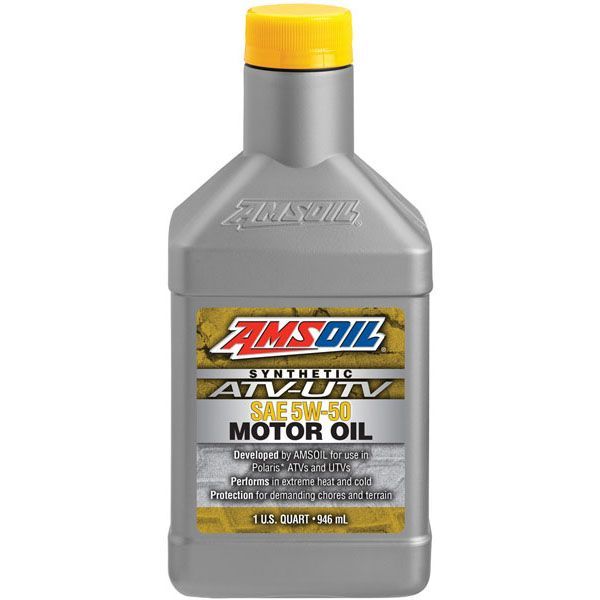 A bottle of amsoil motor oil with a yellow cap