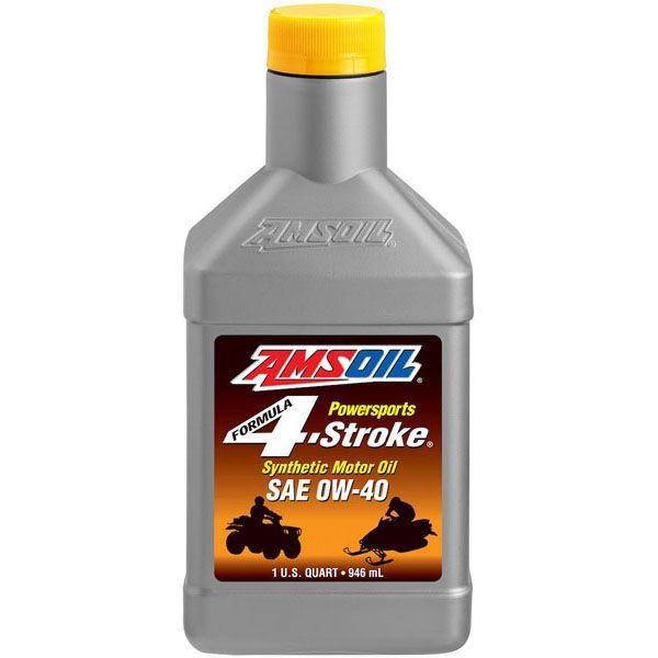A bottle of amsoil powersports 4 stroke synthetic motor oil