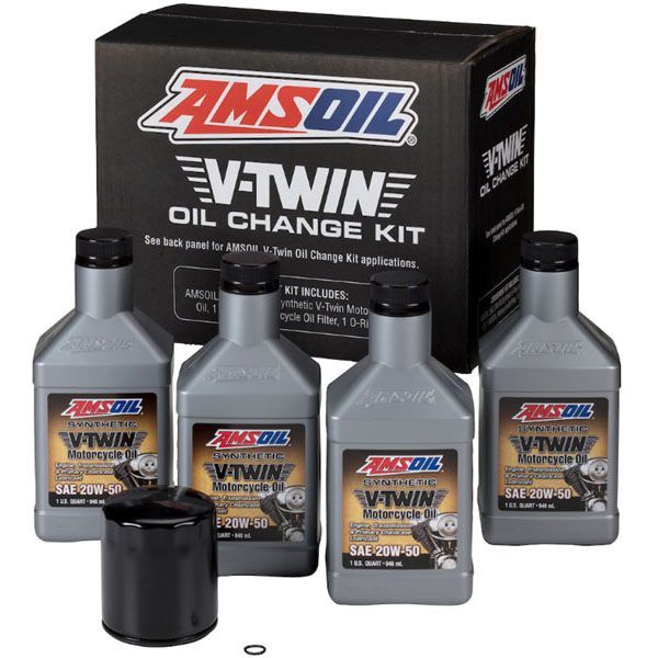 A box of amsoil v-twin oil change kit
