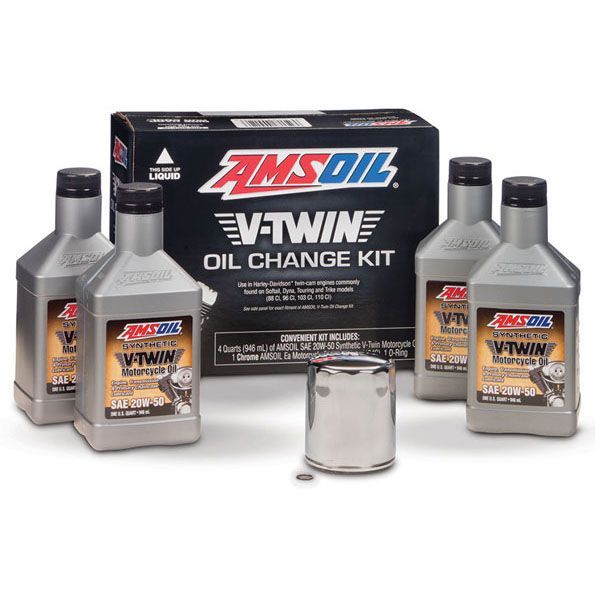 A box of amsoil v-twin oil change kit