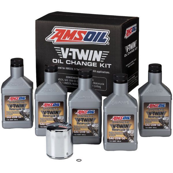 A box of amsoil v-twin oil change kit