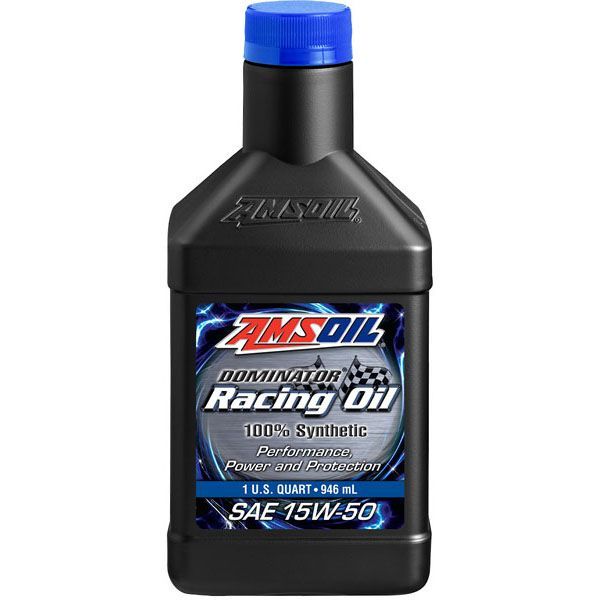 A bottle of amsoil dominator racing oil is shown on a white background.