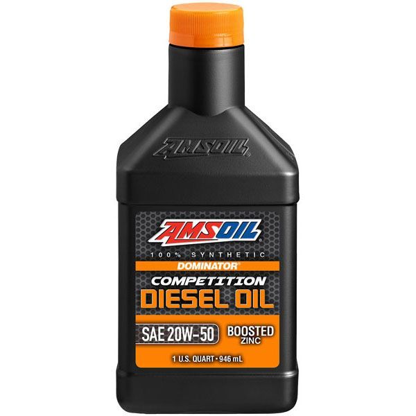 A bottle of amsoil dominator competition diesel oil