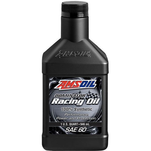 A bottle of amsoil dominator racing oil sae 60