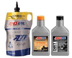 A bag of amsoil atf and two bottles of dirt oil on a white background.