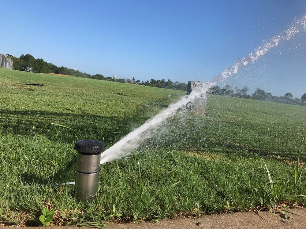 Sprinkler spraying water onto a green grassy lawn under a blue sky.