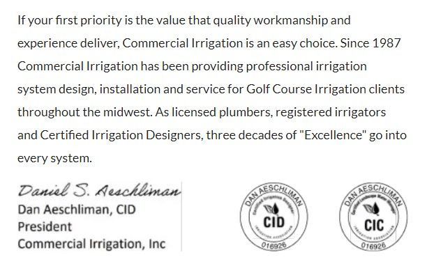 Commercial Irrigation advertisement with text about services and Daniel Aeschliman's credentials. Includes CID and CIC logos.