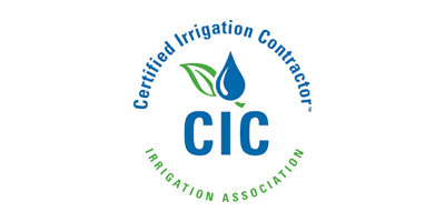 Logo for Certified Irrigation Contractor, featuring a blue water droplet and green leaf, surrounded by text.